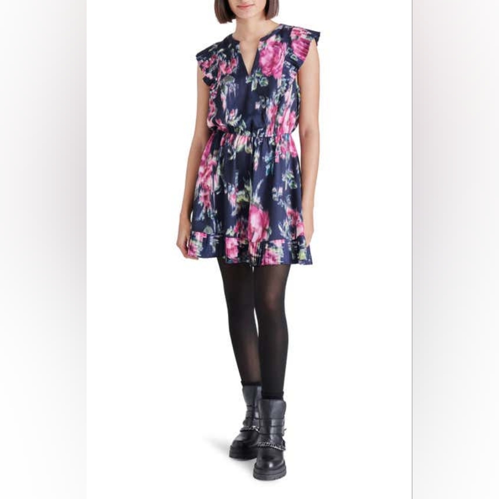 Steve Madden Floral Ruffle Trim Minidress Large, NAVY